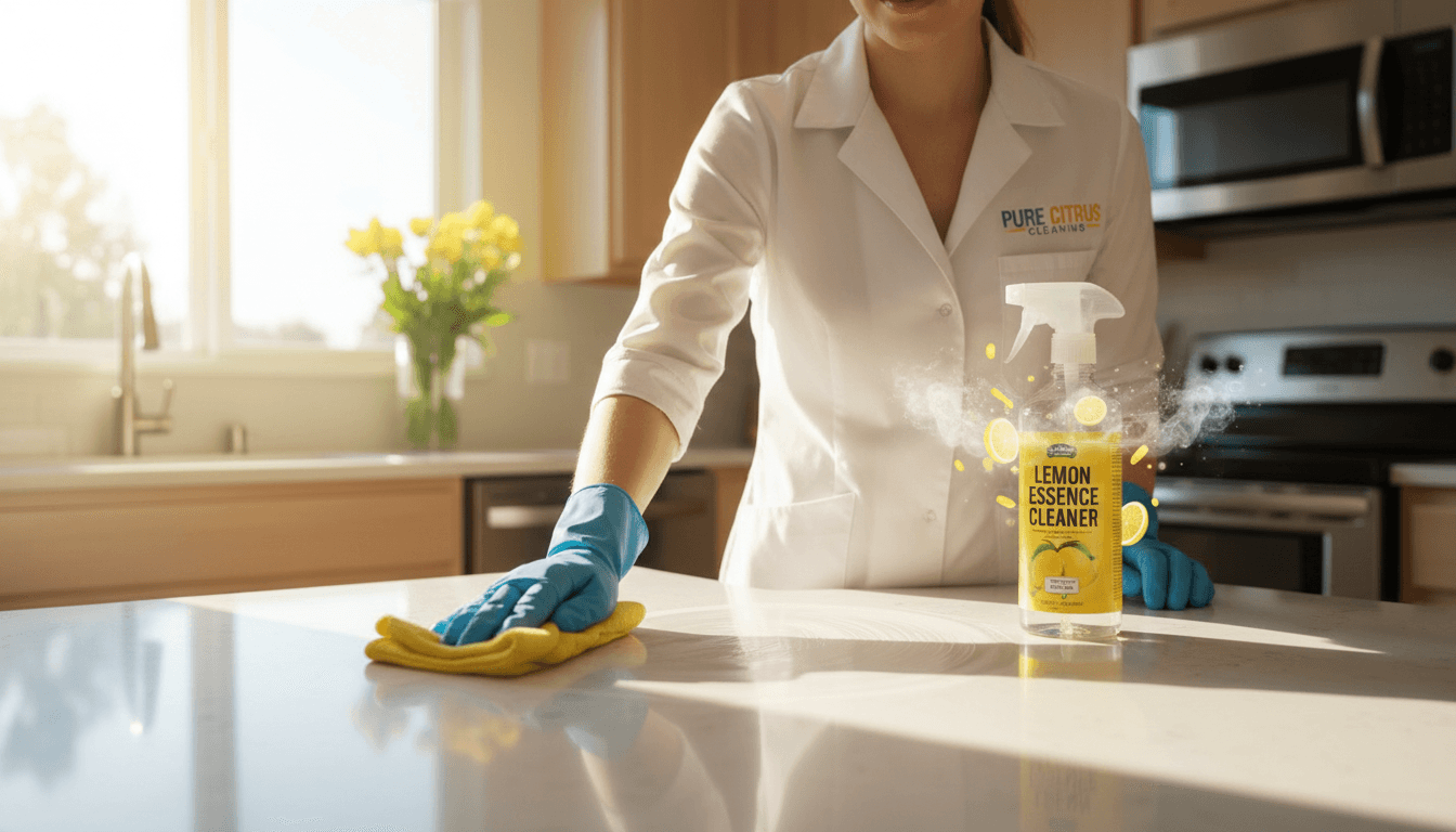Clean shiny kitchen countertop with lemon and cleaning spray