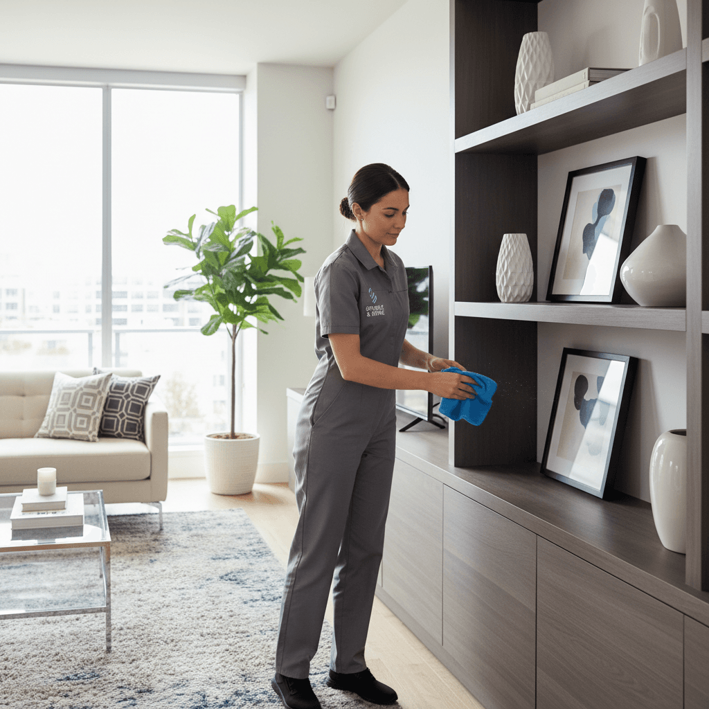 Professional cleaner dusting living room with microfiber cloth in bright modern home