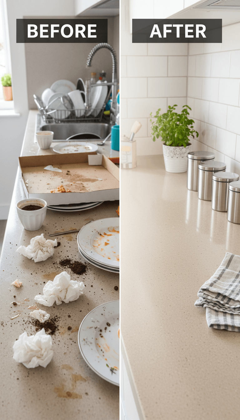 Before and after — a countertop goes from grimy to gleaming