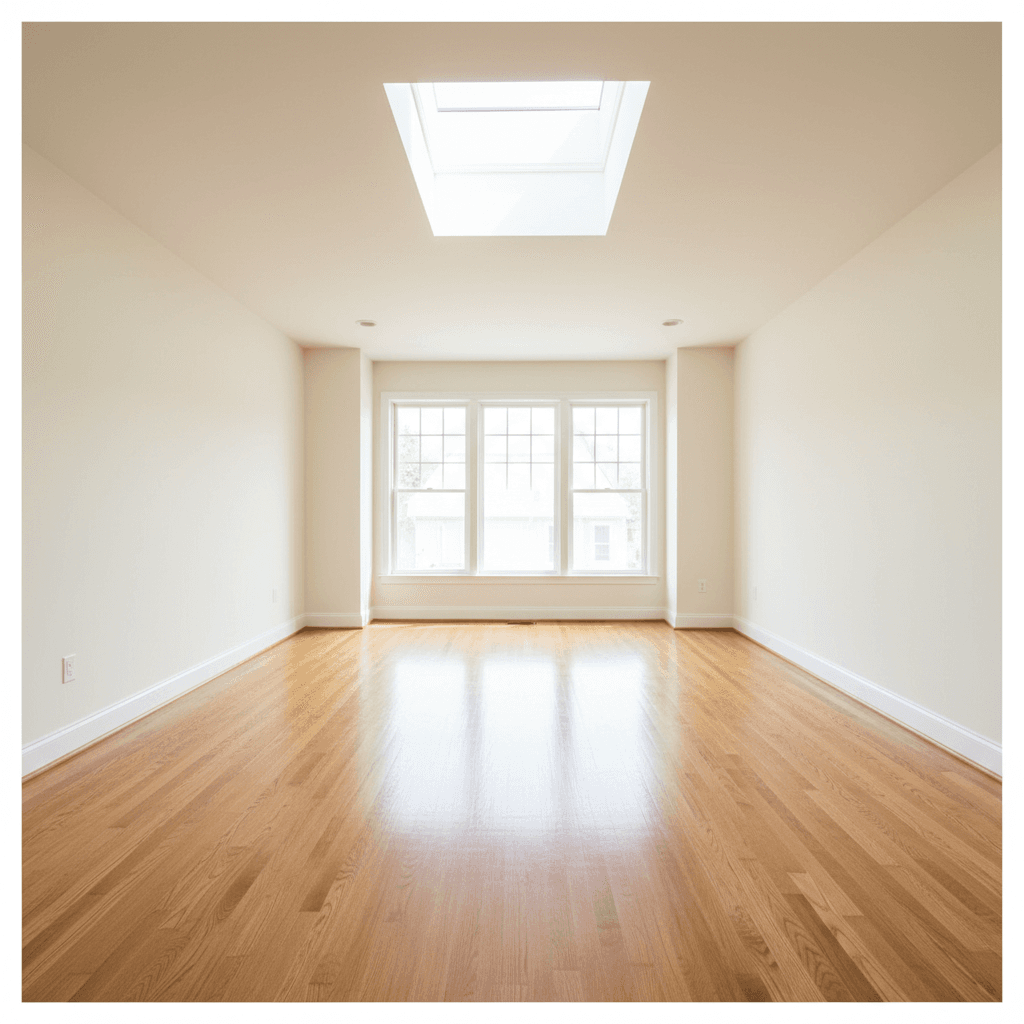 Empty bright living room with hardwood floors after deep cleaning