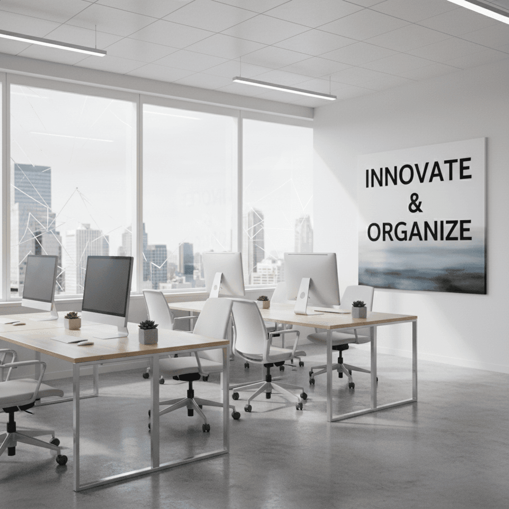 Clean modern office interior with sparkling windows and organized desks