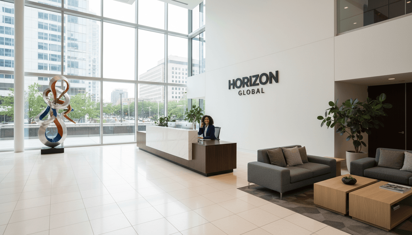 Clean modern office lobby with polished floors and neatly arranged furniture