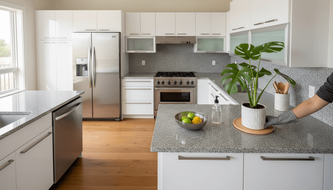 Spotless kitchen with gleaming countertops and stainless steel appliances