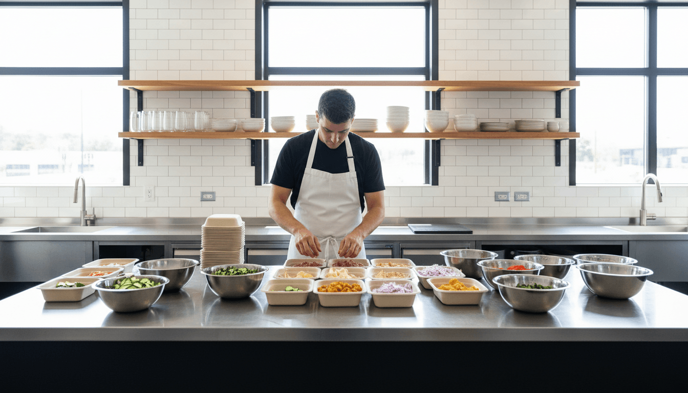 Clean commercial kitchen with stainless steel counters and organized pantry
