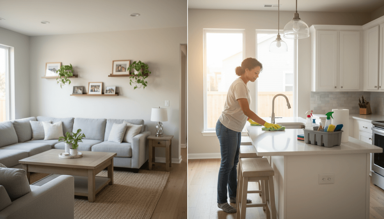 Owner of a cleaning service welcoming a client at the door of a bright, clean home
