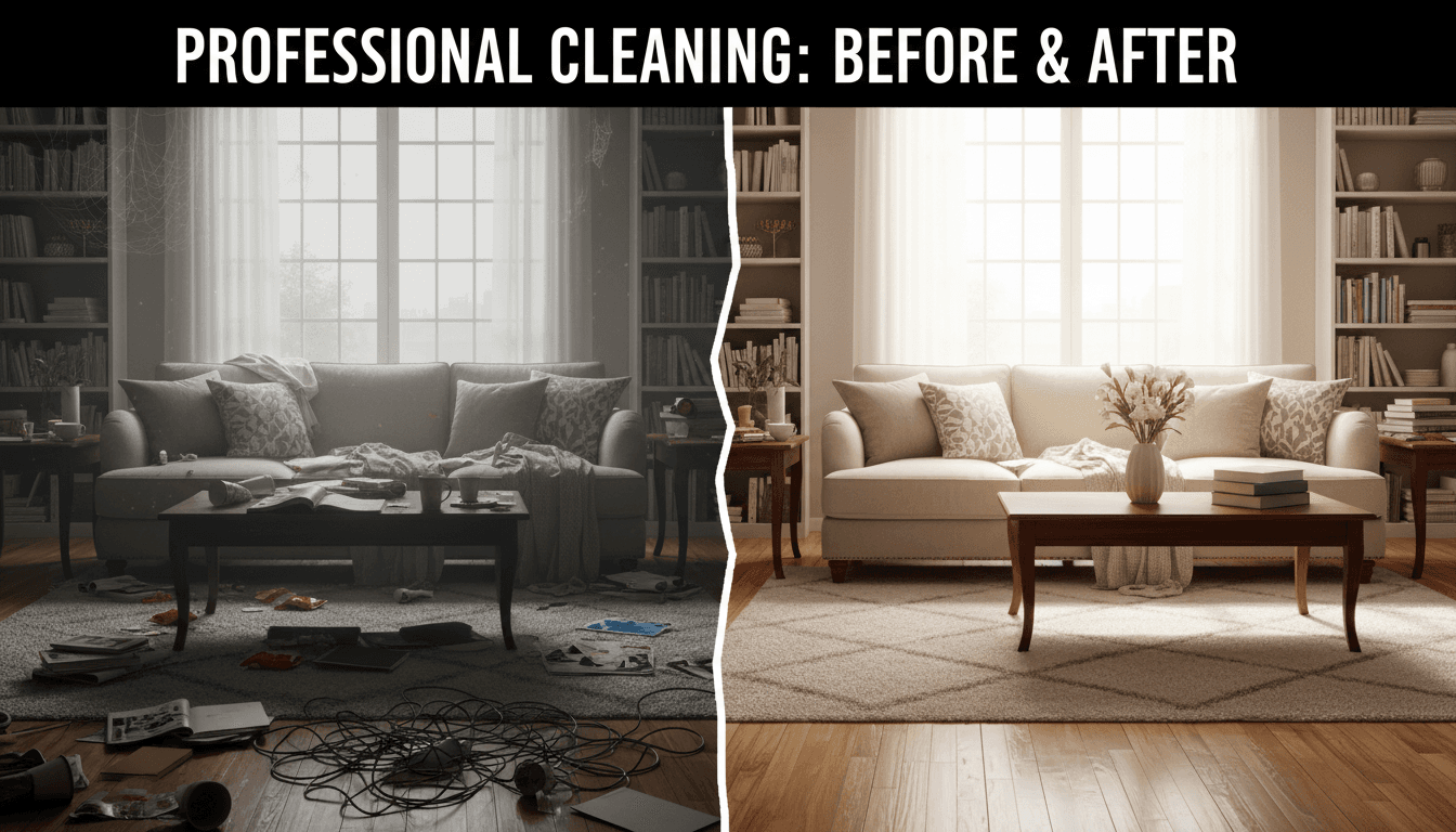 Living room before and after showing dust removed and surfaces polished