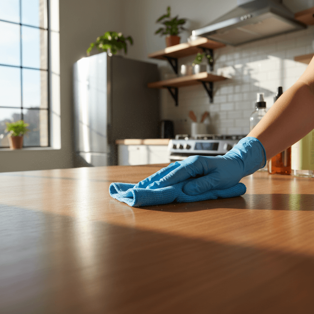 Cleaning professional wiping a kitchen counter in a bright modern home