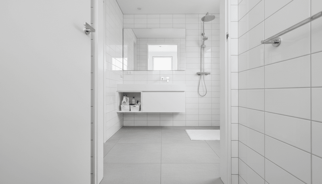 Bathroom with shining sink and mirror after a thorough clean