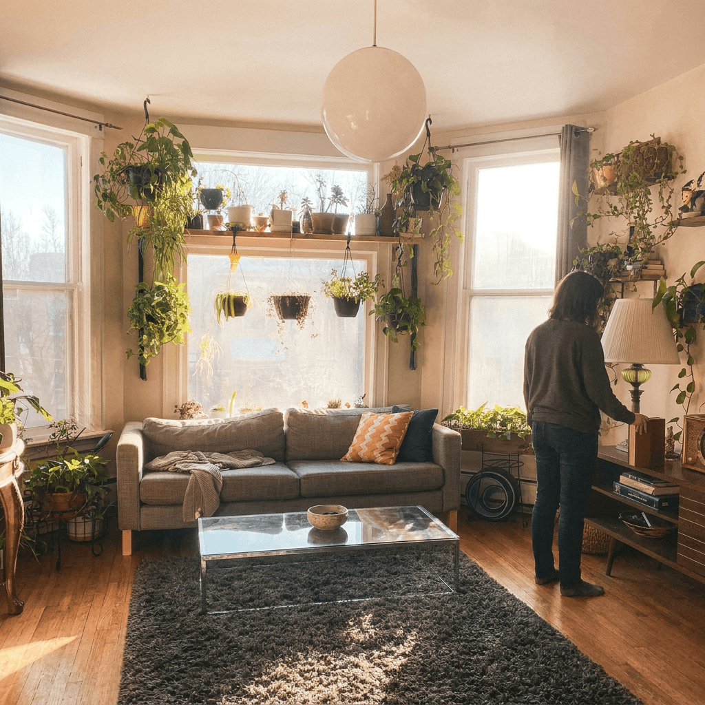 Living room with mopped floors and fluffed pillows after service