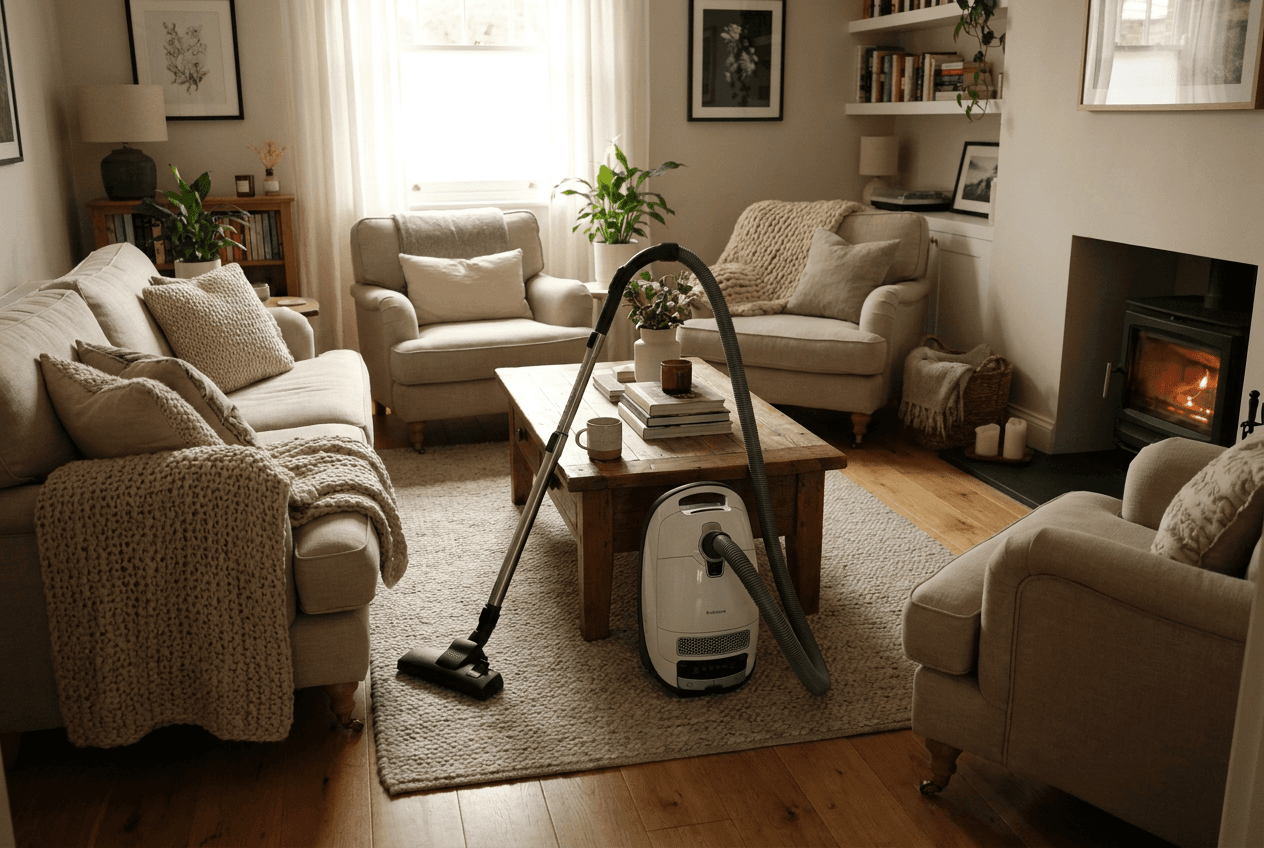 Professional cleaner dusting in a bright, modern living room